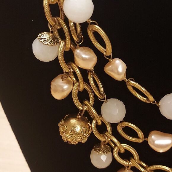 Gold triple multi chain layered bead necklace vintage - Picture 3 of 7